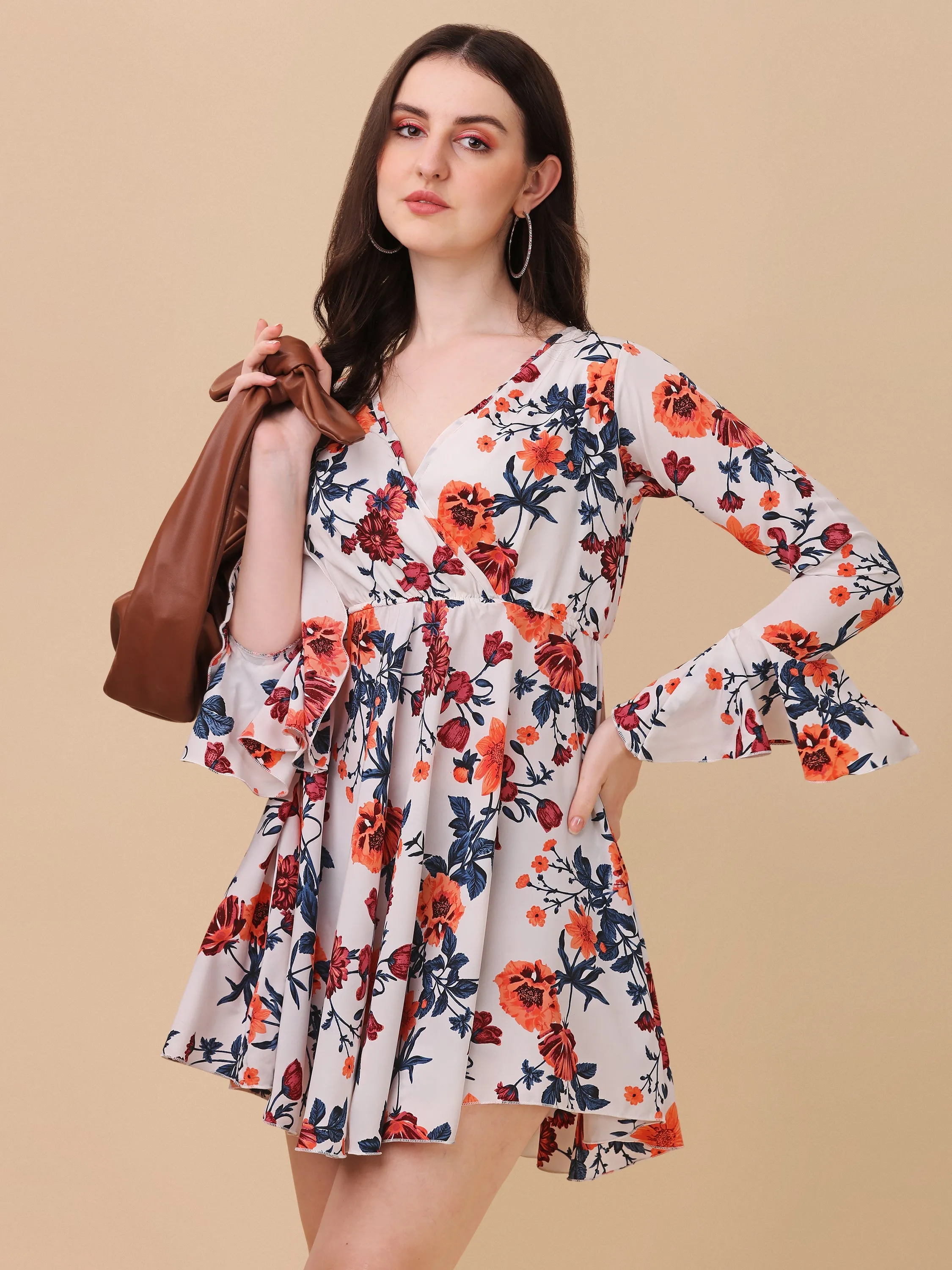 Elegant Cream & Red Floral Wrap Dress