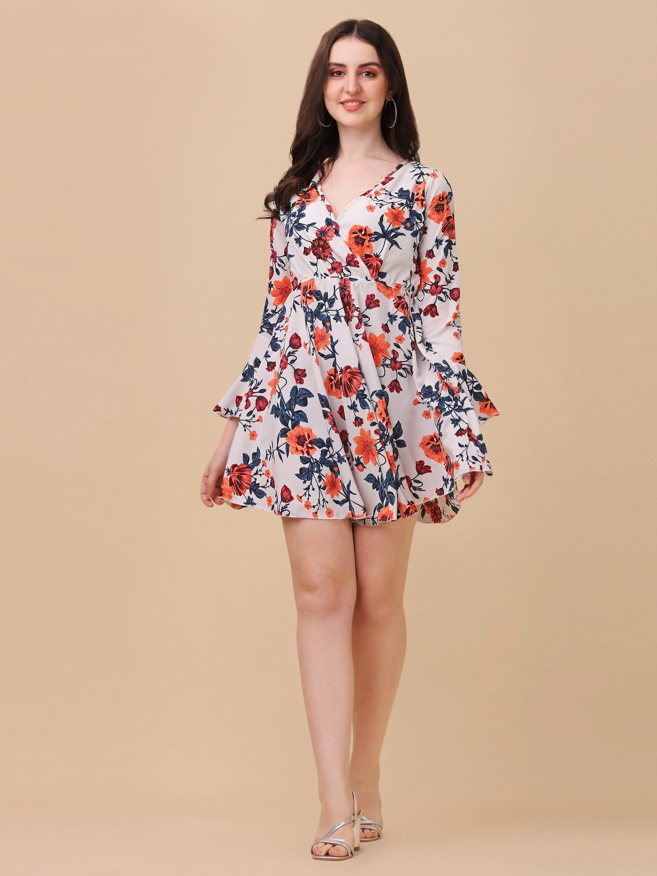 Elegant Cream & Red Floral Wrap Dress