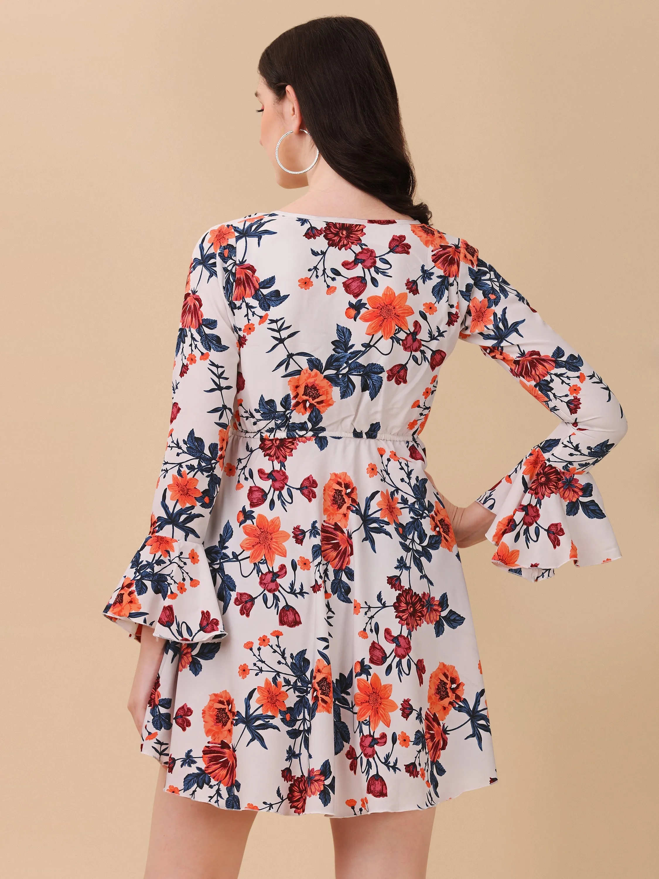 Elegant Cream & Red Floral Wrap Dress