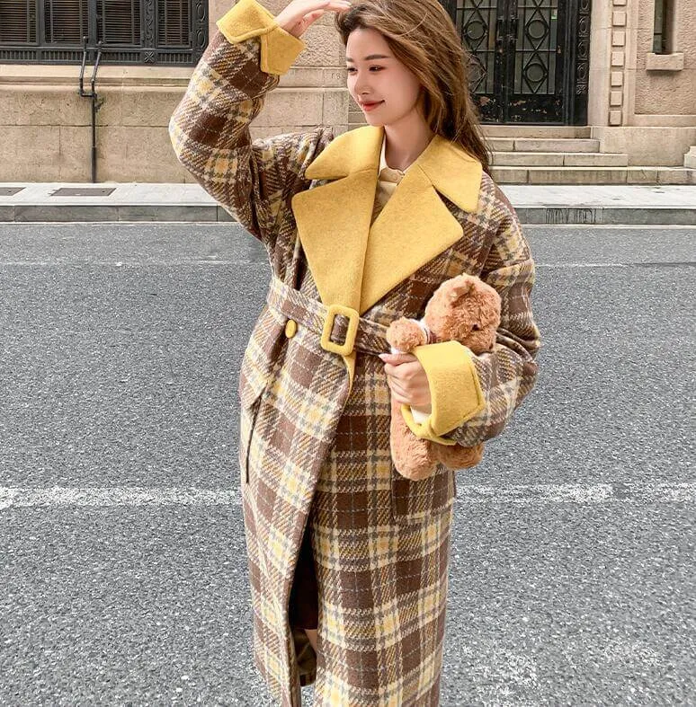 Elegant Double-Breasted Plaid Wool Winter Coat with Belt for Women