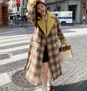 Elegant Double-Breasted Plaid Wool Winter Coat with Belt for Women