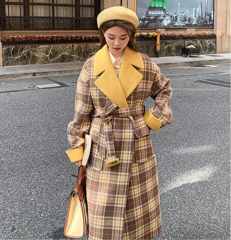 Elegant Double-Breasted Plaid Wool Winter Coat with Belt for Women