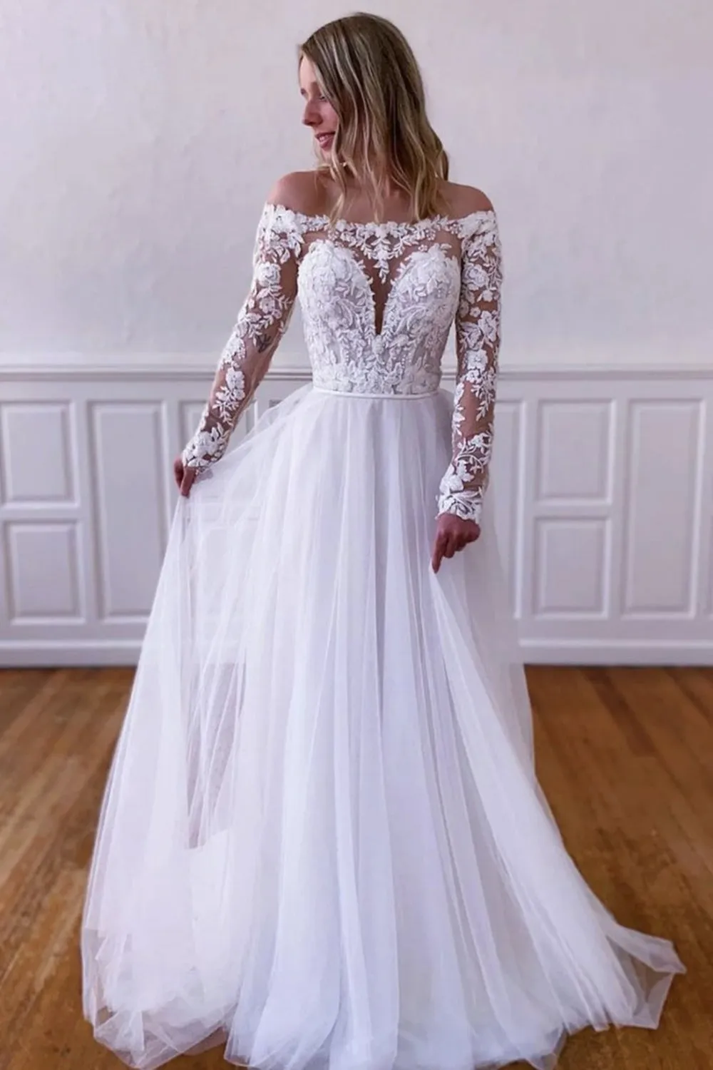 Elegant Long Sleeves White Lace Wedding Dress, White Lace Long Prom Dress, White Formal Evening Dress