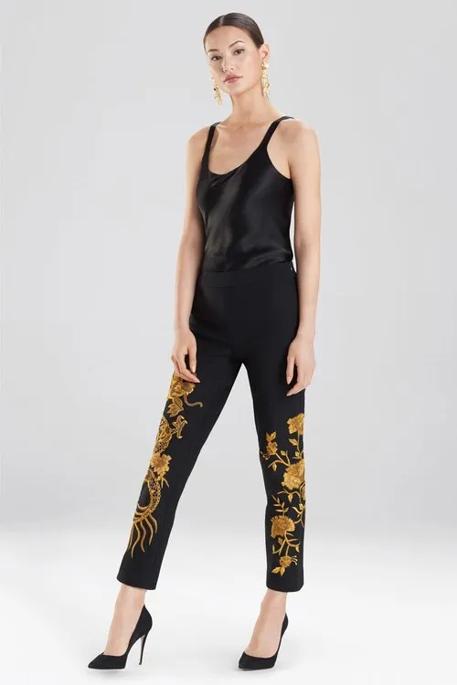 Embroidered Knit Crepe Dragon Pants