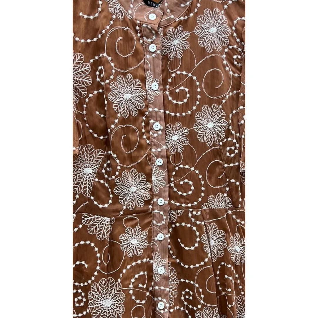 Embroidered summer short dress in brown and white by Beulah