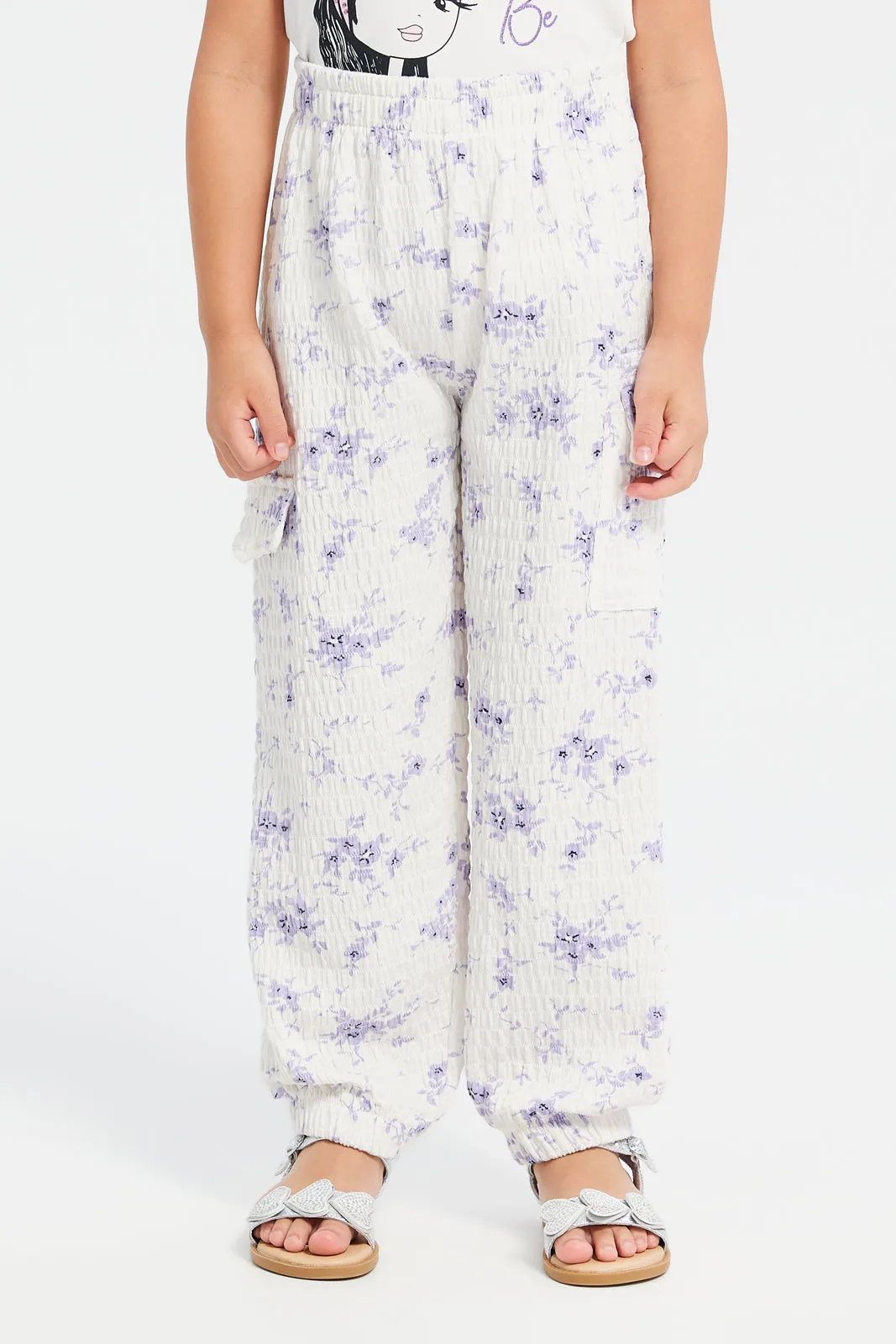 Girls Lilac Printed Textured Joggers With Pockets