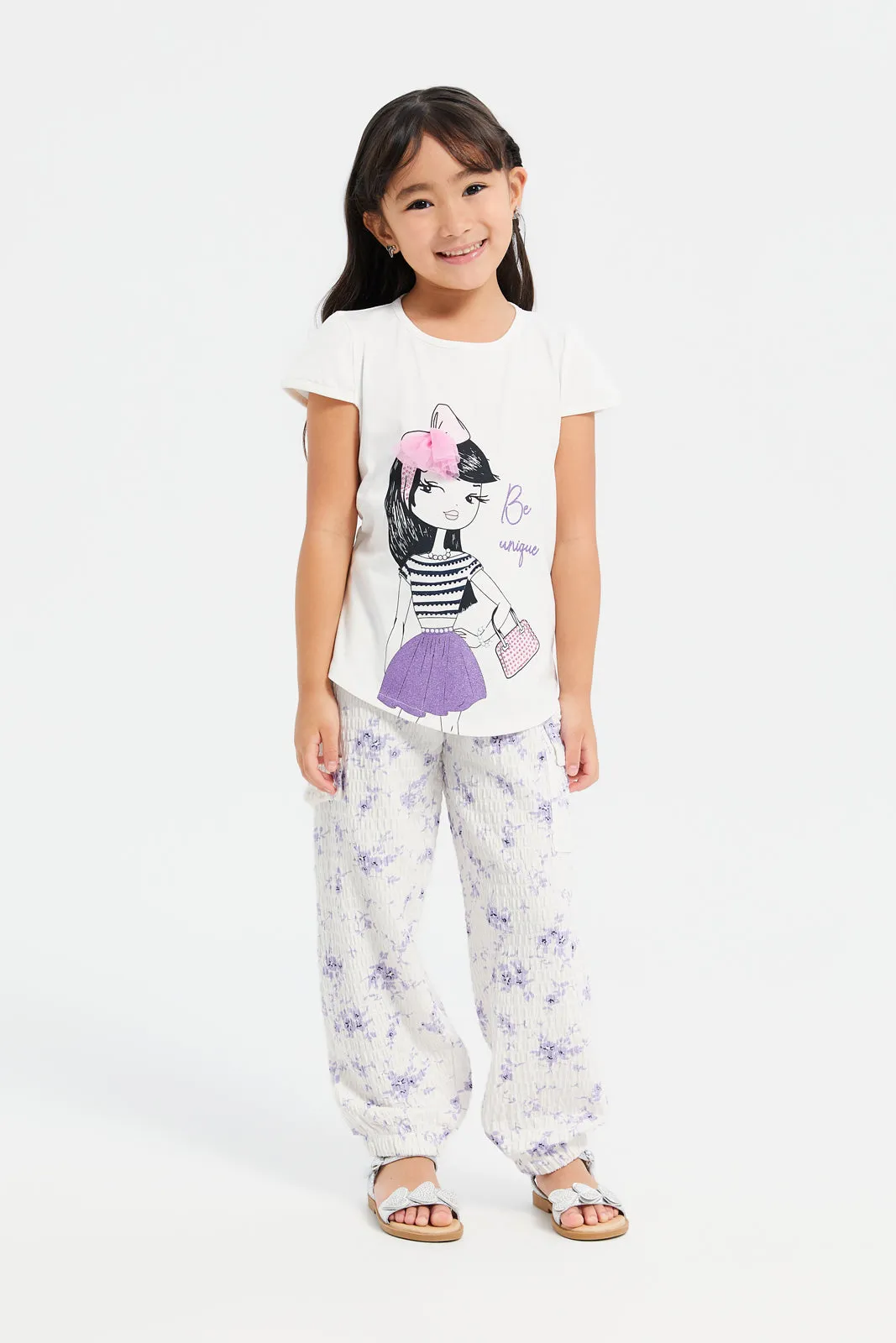 Girls Lilac Printed Textured Joggers With Pockets