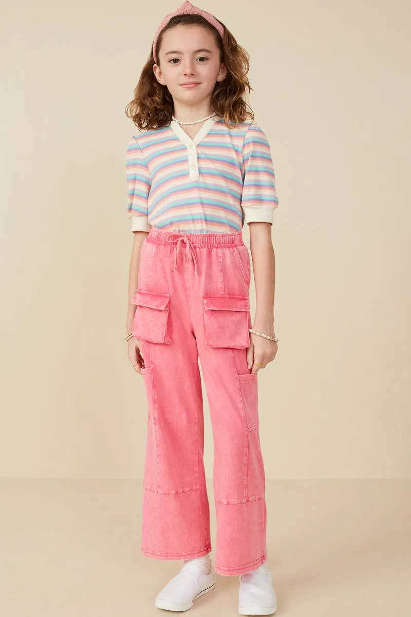 Girls Washed Cargo Pocket Detail Wide Leg Knit Pants