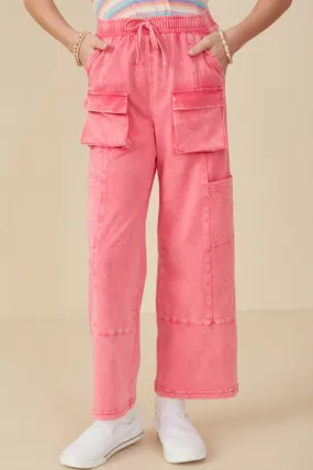 Girls Washed Cargo Pocket Detail Wide Leg Knit Pants