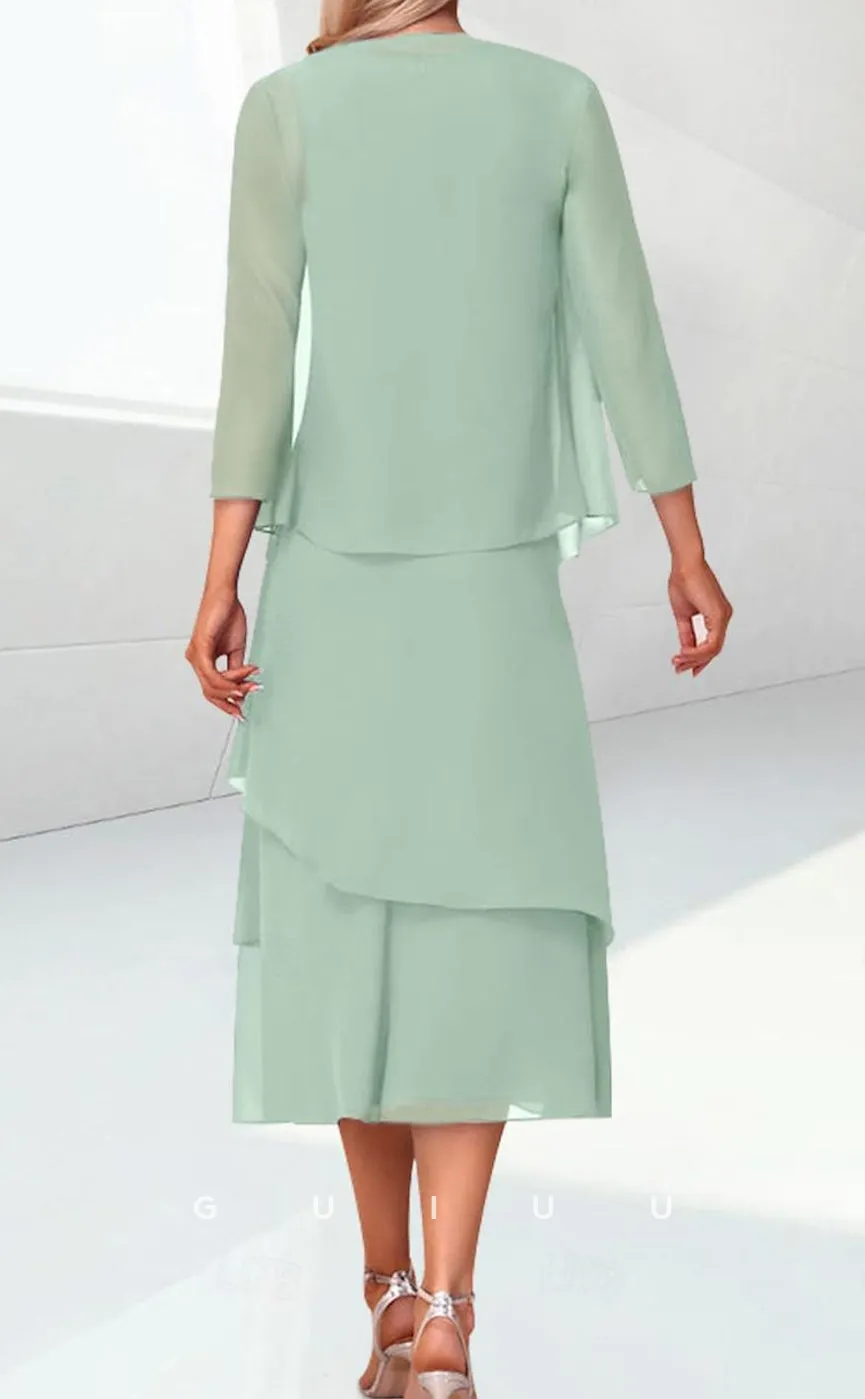 GM079 -  Column Scoop Neck 34 Length Sleeves Tea Length Back Zipper Ruffles Chiffon Mother of the Bride Dress Wrap Included