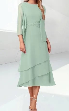 GM079 -  Column Scoop Neck 34 Length Sleeves Tea Length Back Zipper Ruffles Chiffon Mother of the Bride Dress Wrap Included