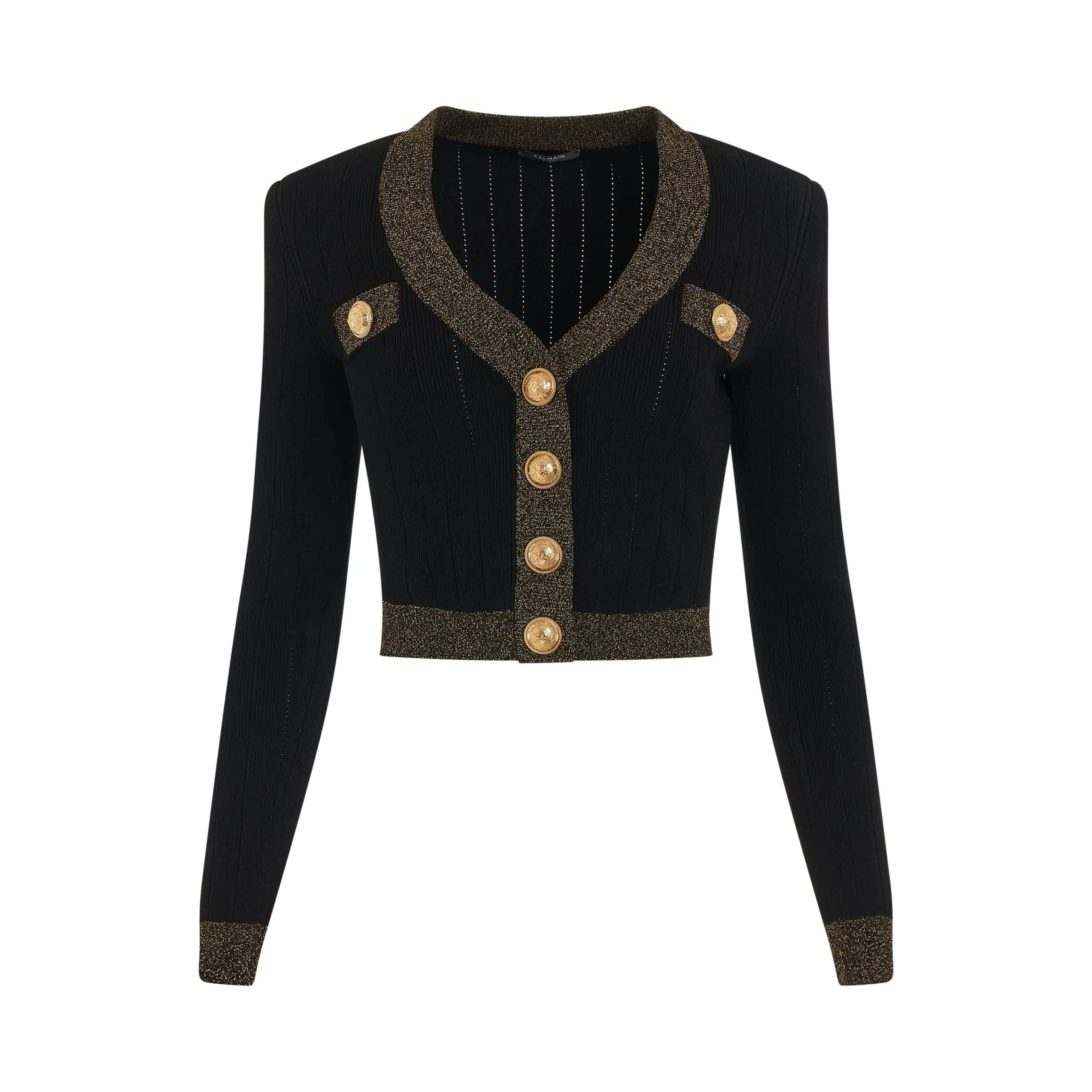 Gold Edge Buttoned Knit Cropped Cardigan in Black/Gold