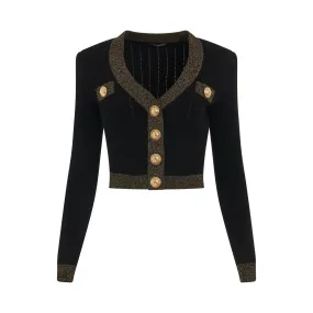 Gold Edge Buttoned Knit Cropped Cardigan in Black/Gold