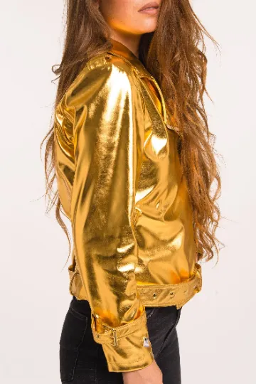 Gold Vegan leather Biker Jacket. Shiny girls fall jacket.