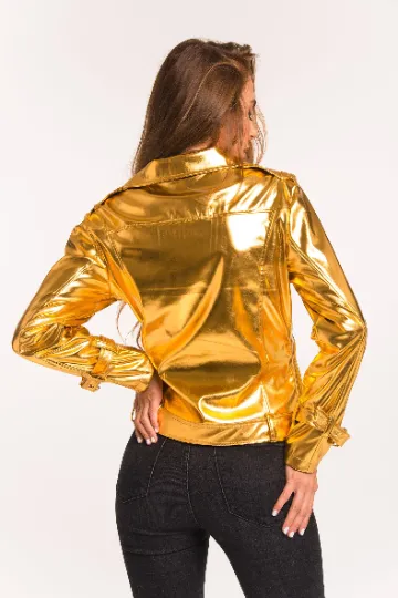 Gold Vegan leather Biker Jacket. Shiny girls fall jacket.