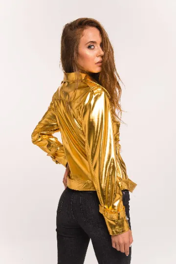 Gold Vegan leather Biker Jacket. Shiny girls fall jacket.