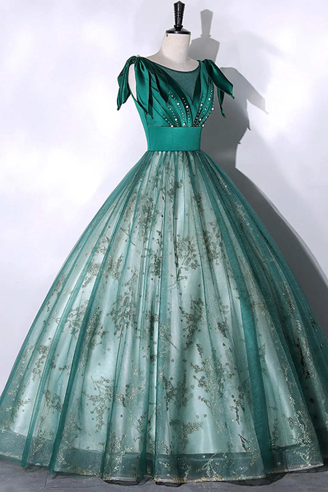 Green Satin Tulle Long Prom Dress, Elegant A-Line Formal Dress