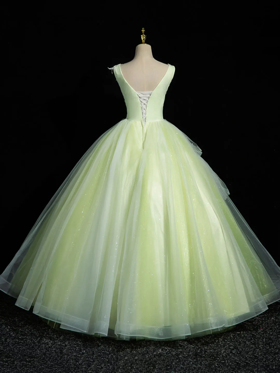 Green V-Neck Tulle Lace Long Prom Dress, A-Line Sleeveless Evening Dress