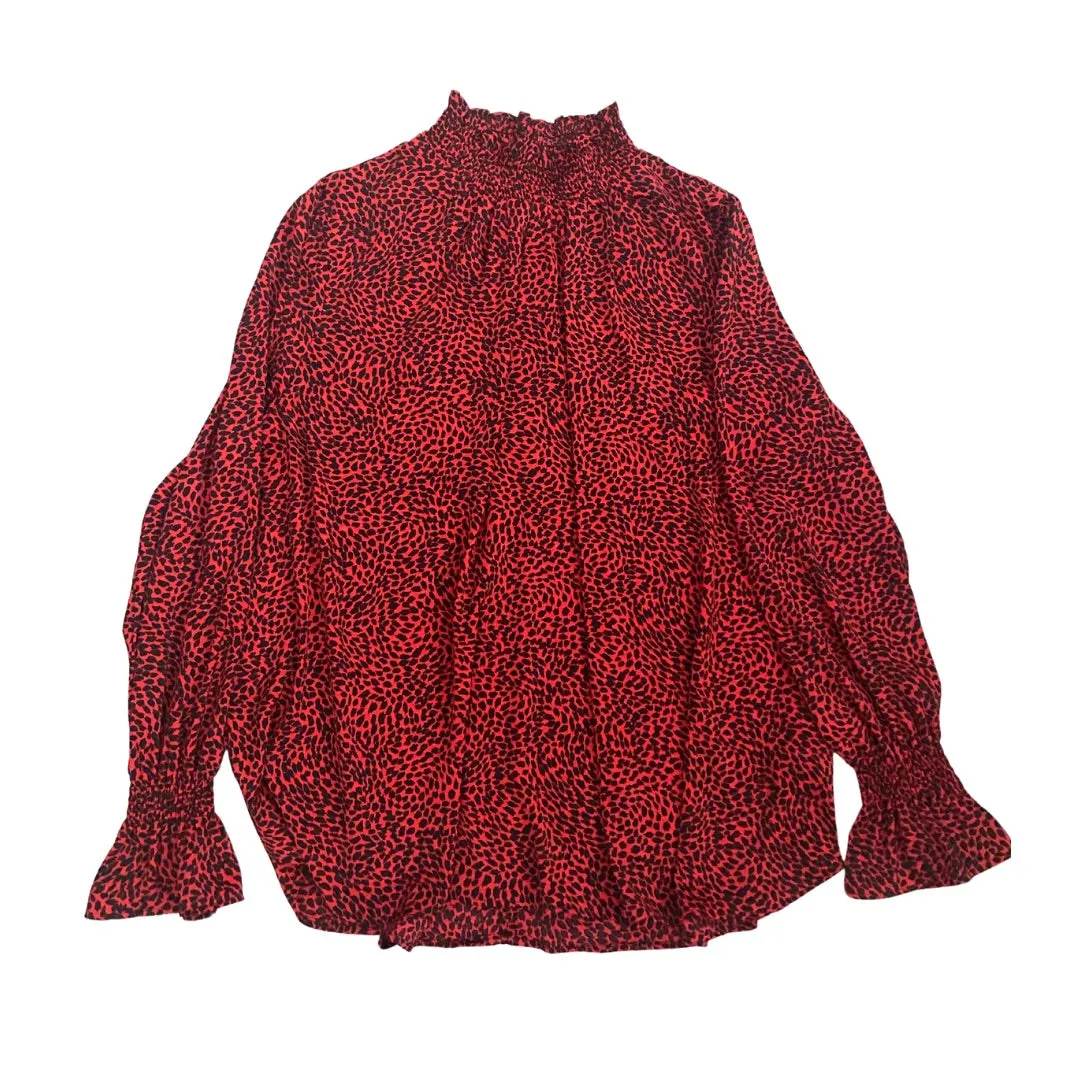 H&M High Neck Leopard Print Blouse Red SIZE XL