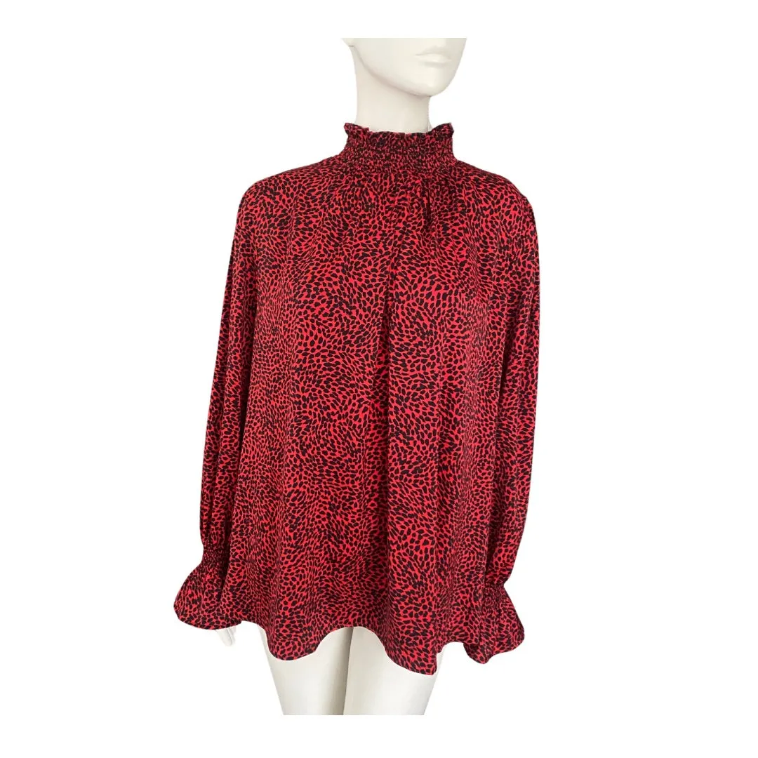 H&M High Neck Leopard Print Blouse Red SIZE XL