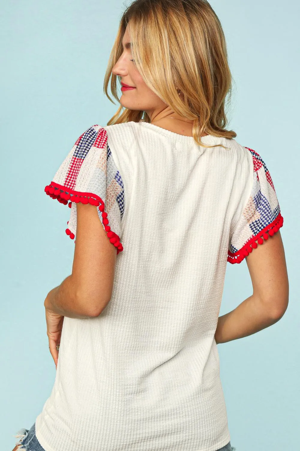 Haptics Patriotic Patch Work Flutter Sleeve Top