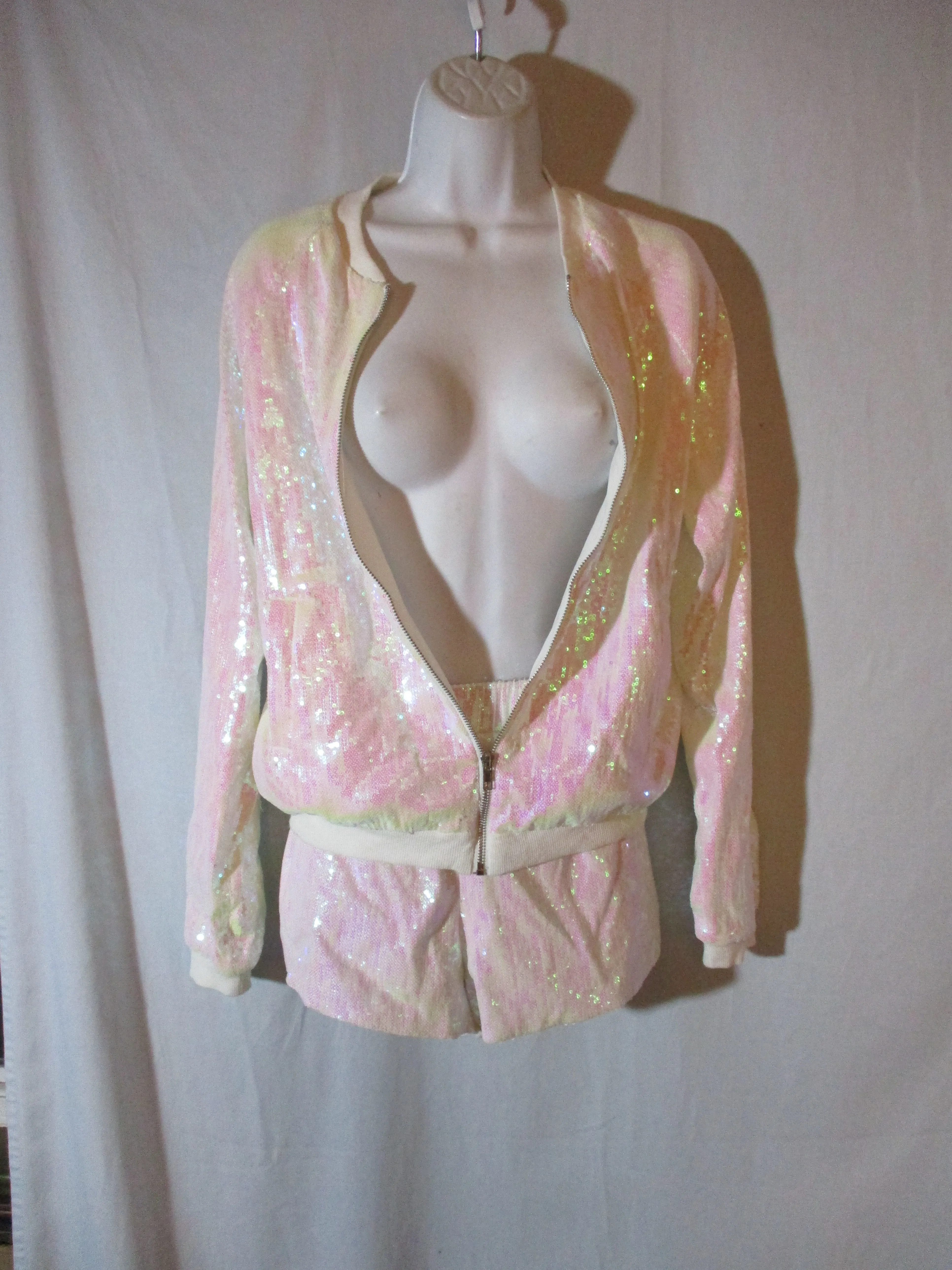 HAYLEY PAIGE "BRIDE" Set Zip Jacket Top Shorts SEQUIN S/M Wedding Bachelorette