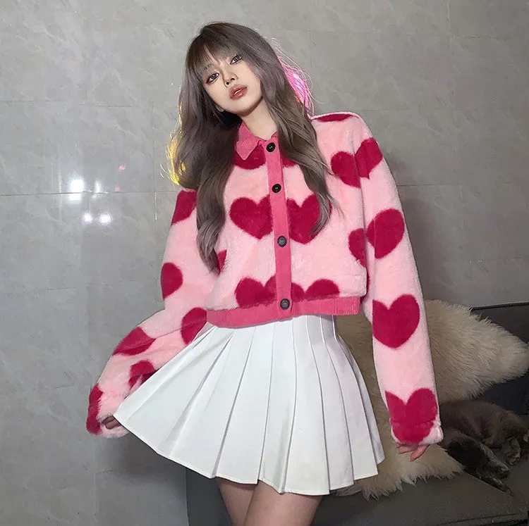 Heart Shaped Hot Pink Print Plush Jacket