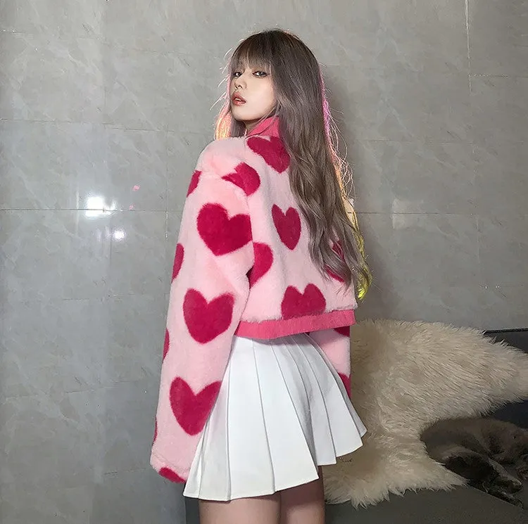 Heart Shaped Hot Pink Print Plush Jacket