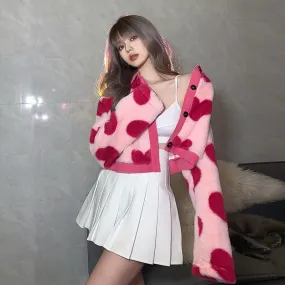 Heart Shaped Hot Pink Print Plush Jacket