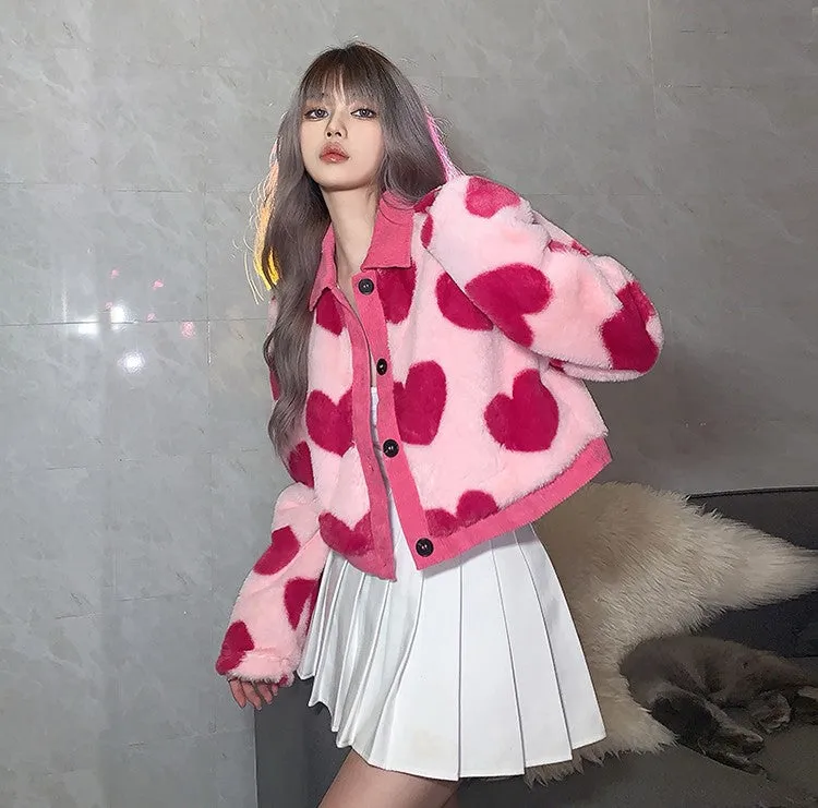 Heart Shaped Hot Pink Print Plush Jacket