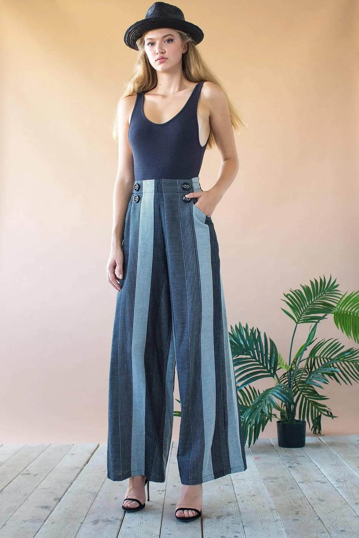 Hepburn High Waist Wide Leg Pants - Graphite Stripe