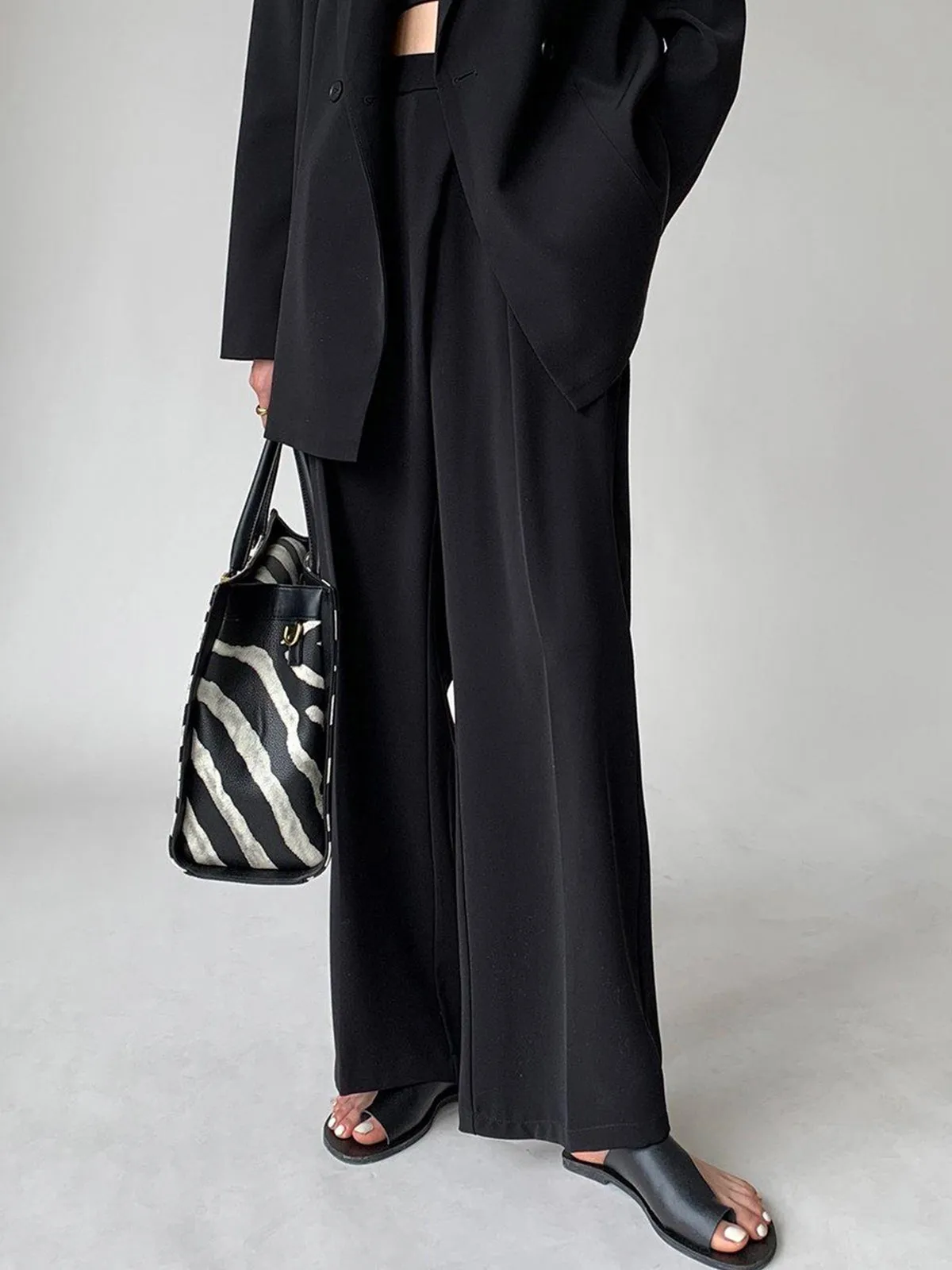 High Rise Waist Button Wide Leg Straight Trouser - Black