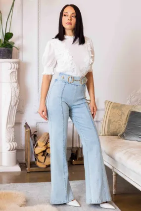 High Waist Denim Washed Stretch Pants