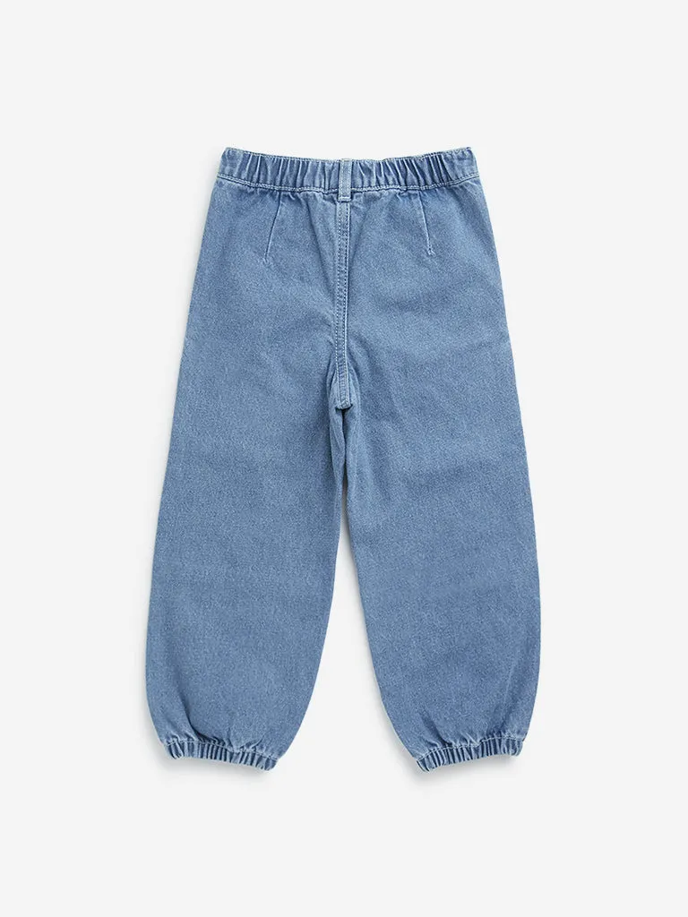 HOP Kids Blue Heart Embroidered High-Rise Denim Joggers