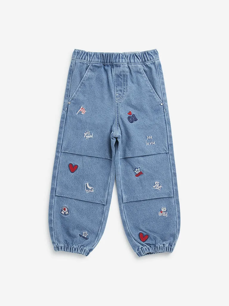 HOP Kids Blue Heart Embroidered High-Rise Denim Joggers