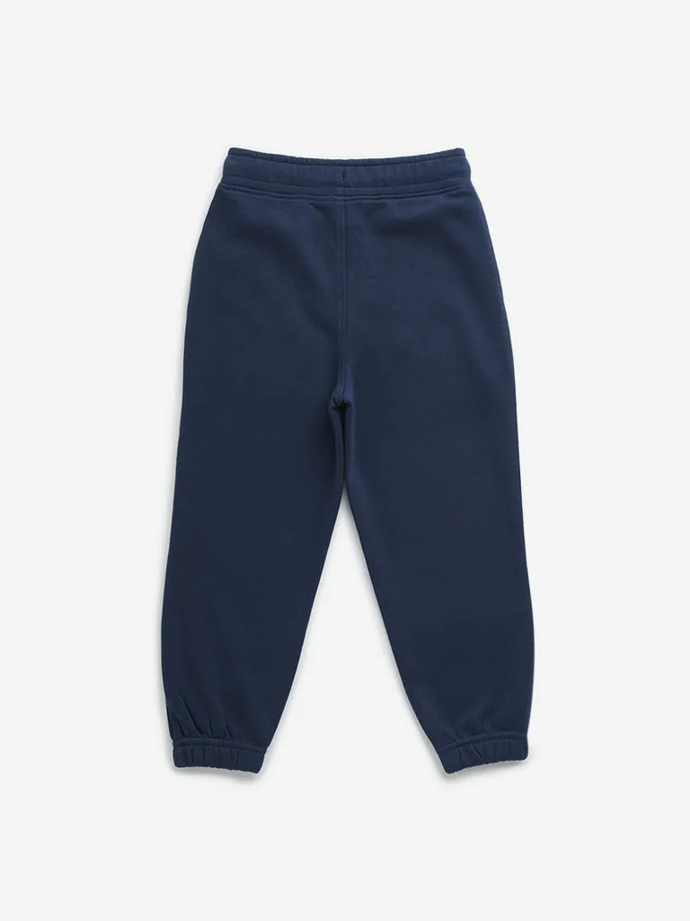 HOP Kids Navy Printed Mid-Rise Cotton Blend Joggers