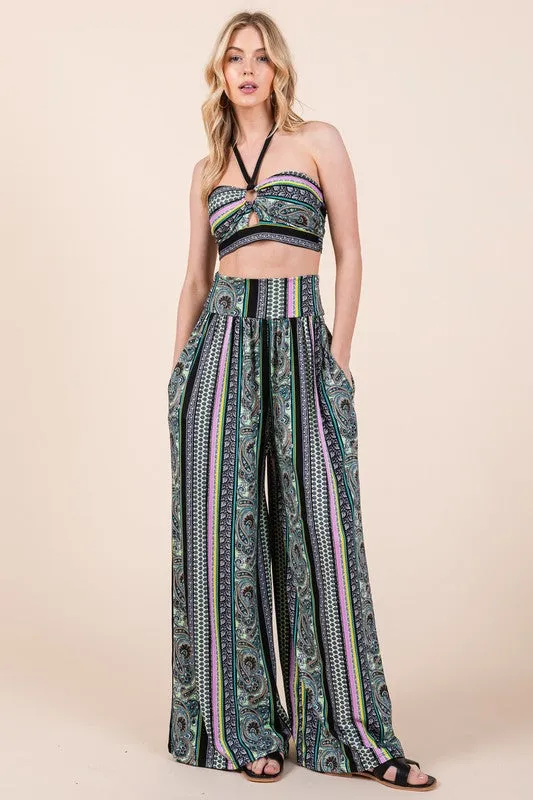 Hot Girl Eclectic Boho Halter Crop Top & Wide Leg Pant Set