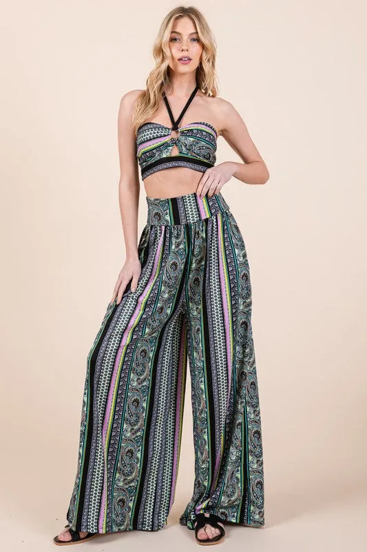 Hot Girl Eclectic Boho Halter Crop Top & Wide Leg Pant Set