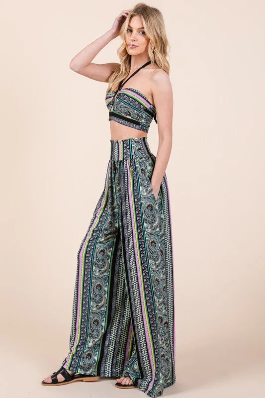 Hot Girl Eclectic Boho Halter Crop Top & Wide Leg Pant Set