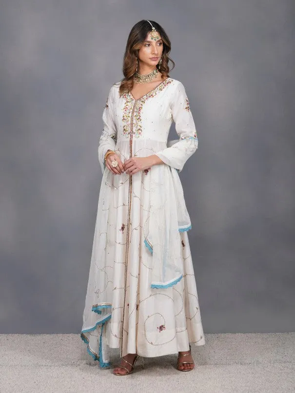 Ivory Baroque Jardin Front Open Anarkali Set (Set of 3)