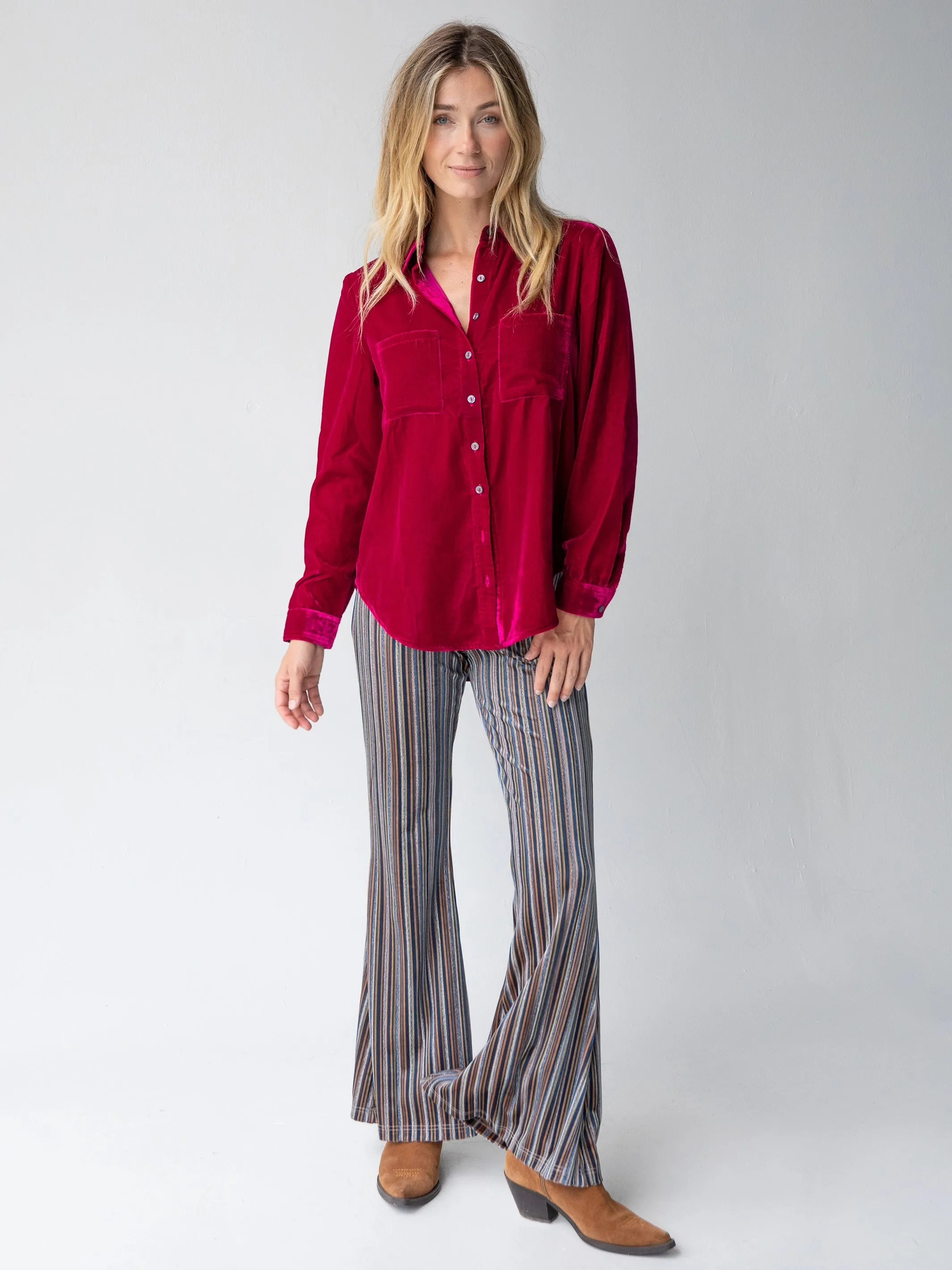 Joplin Velvet Flare Pant - Blue Tan Ribbons