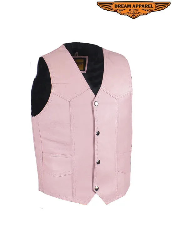 Kids Pink Leather Motorcycle Vest With Button Snap Closure