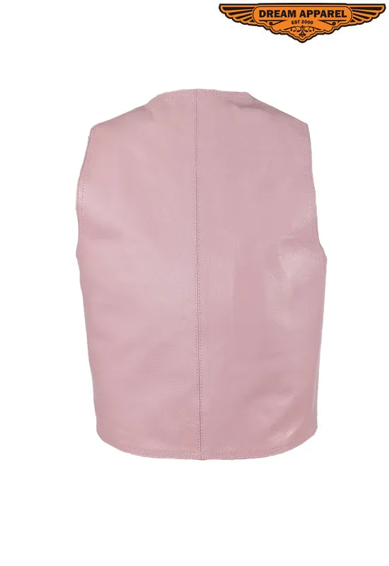 Kids Pink Leather Motorcycle Vest With Button Snap Closure