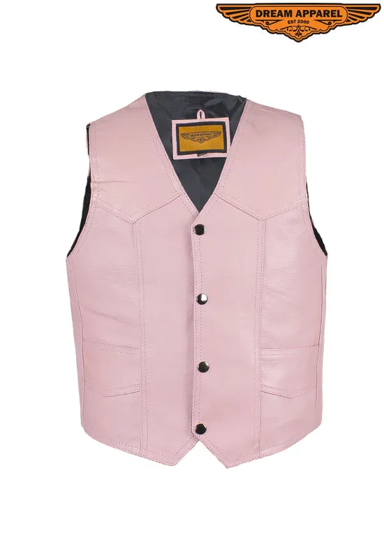 Kids Pink Leather Motorcycle Vest With Button Snap Closure