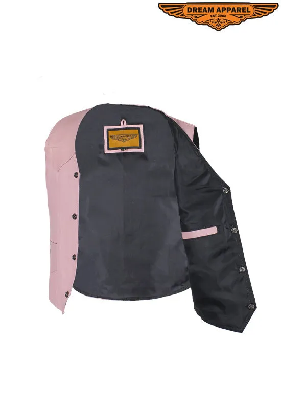 Kids Pink Leather Motorcycle Vest With Button Snap Closure