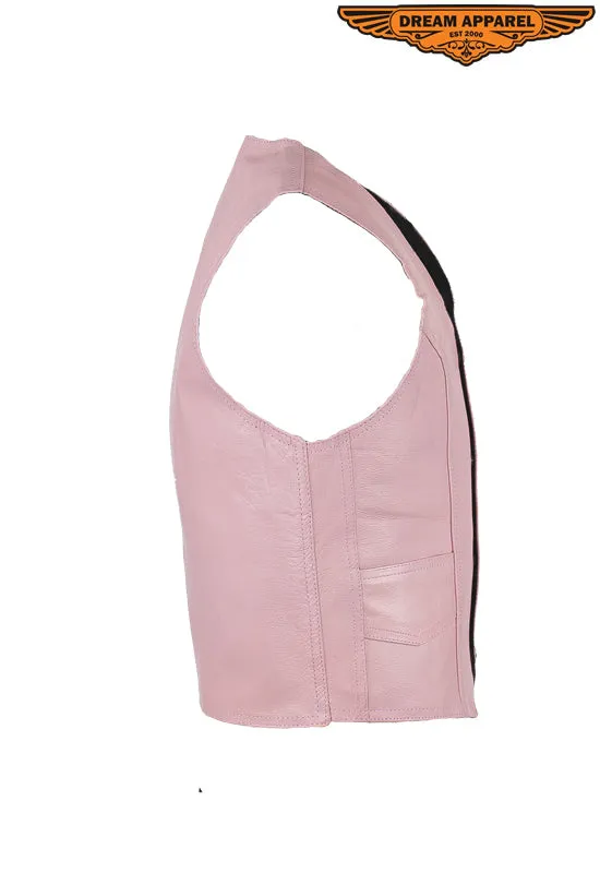 Kids Pink Leather Motorcycle Vest With Button Snap Closure