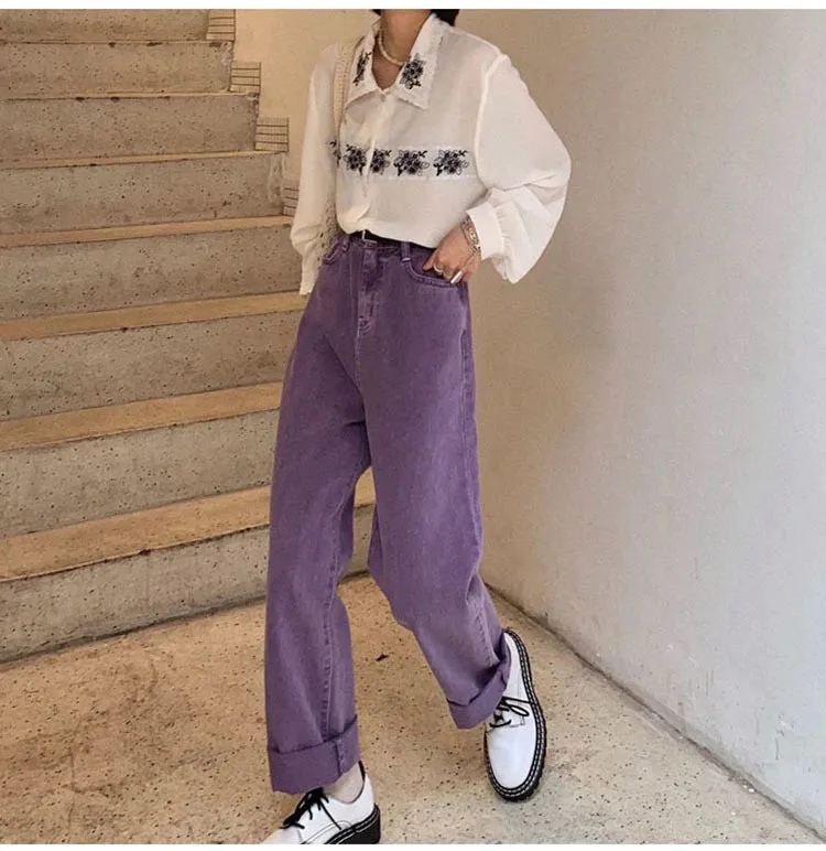 KittenAlarm - High Waist Loose Purple Jeans Pants