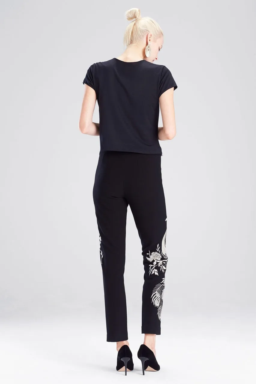 Knit Crepe Pants With Peacock Embroidery