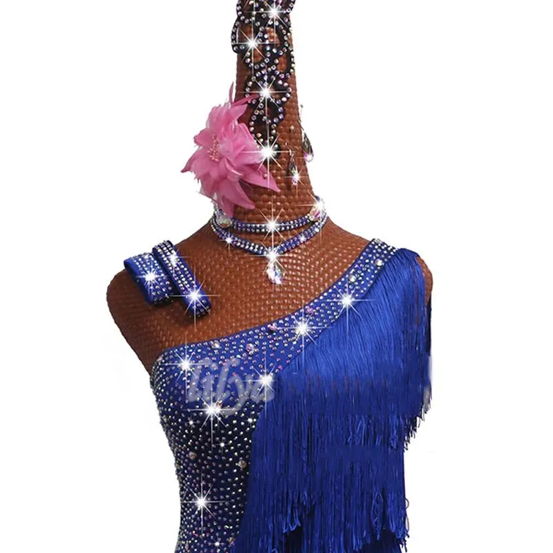 #L254 Latin Competition Dress-Rhinestones-Blue Tassels -Rumba- Salsa- Tango