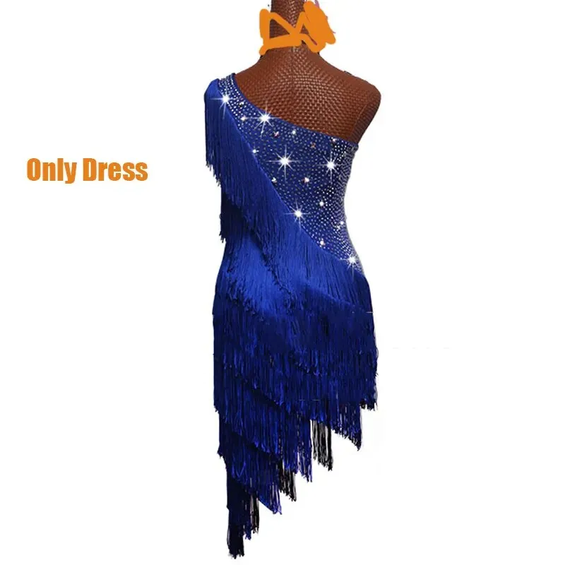 #L254 Latin Competition Dress-Rhinestones-Blue Tassels -Rumba- Salsa- Tango